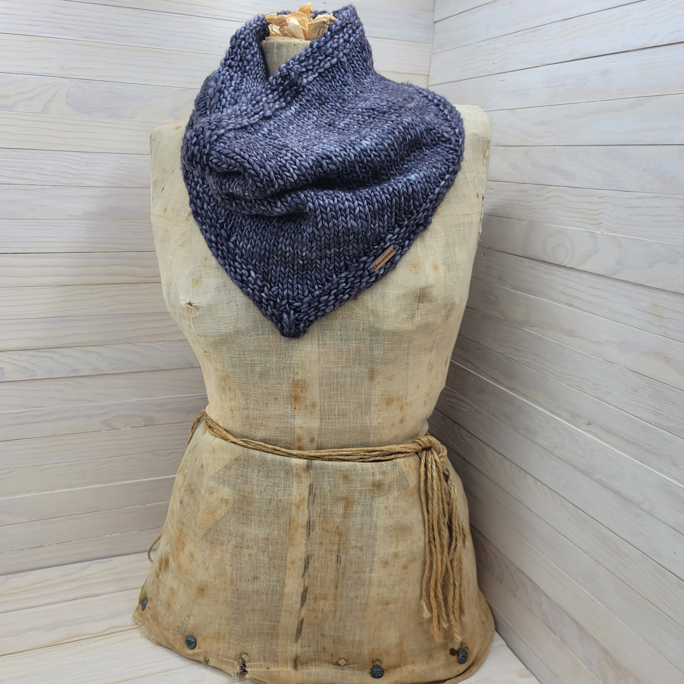 Knit bandana cowl. color is pewterish, and fiber is merino wool