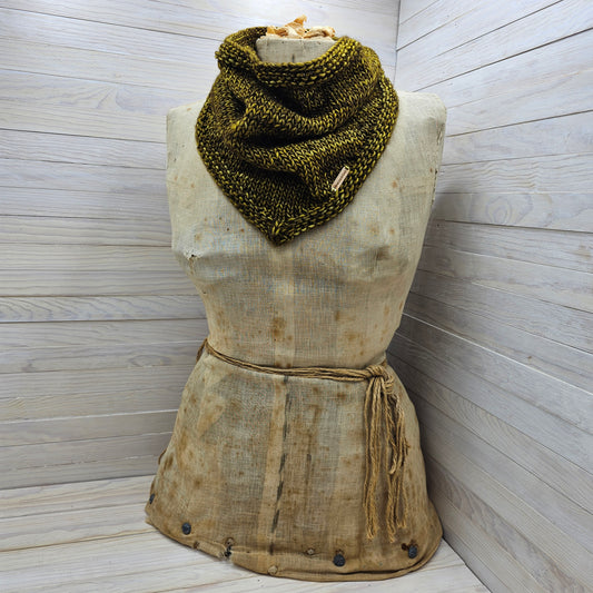 Knit bandana cowl.  Color is bronzish, and fiber is merino wool